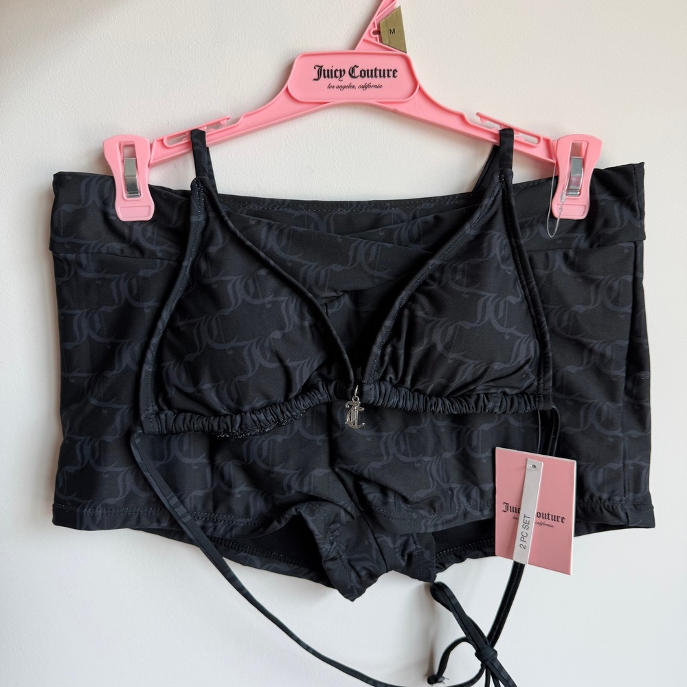 New Juicy Couture Medium 2 pc Bikini Bathing Swim Suit Black Grey Shorts Sporty